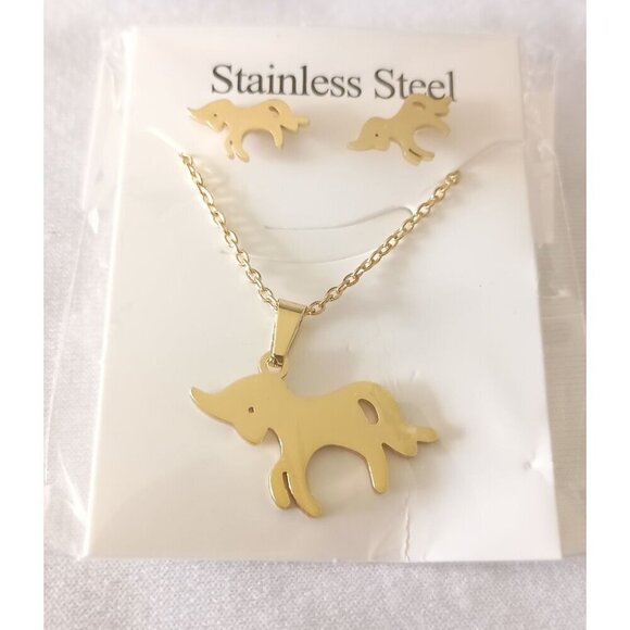 Stainless Steel Goldtone Unicorn Necklace & Earring Set – Whimsical Elegance ✨🦄 - Picture 1 of 2